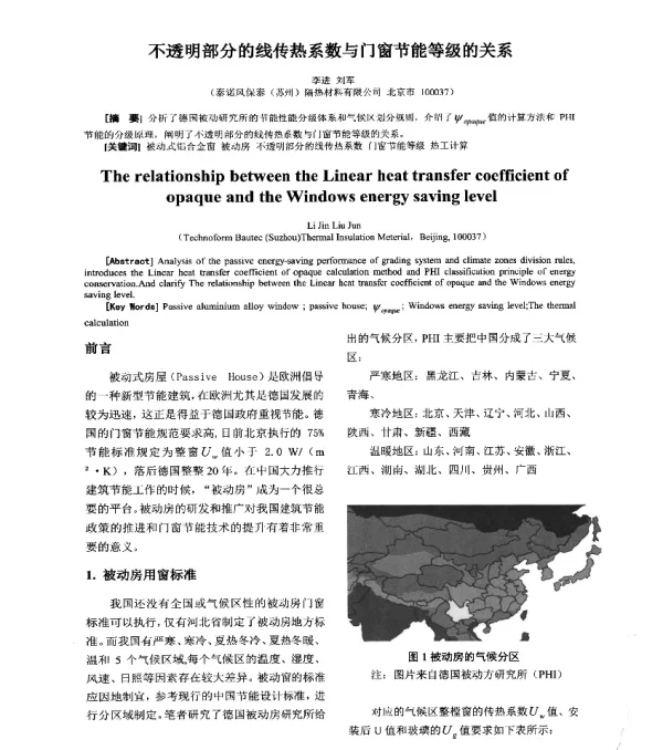 不透明部分的线传热系数与门窗节能等级的关系