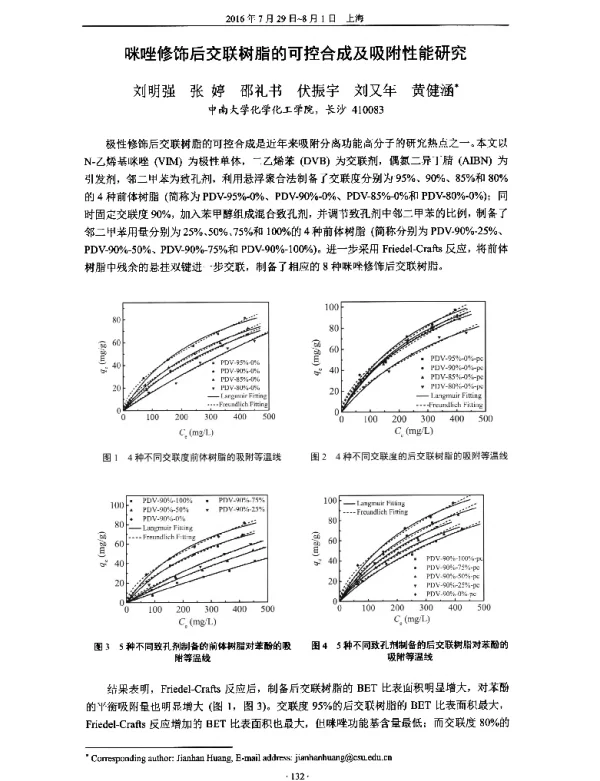 咪唑修饰后交联树脂的可控合成及吸附性能研究
