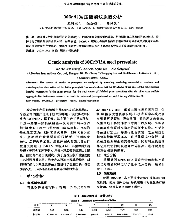 30CrNi3A压板裂纹原因分析