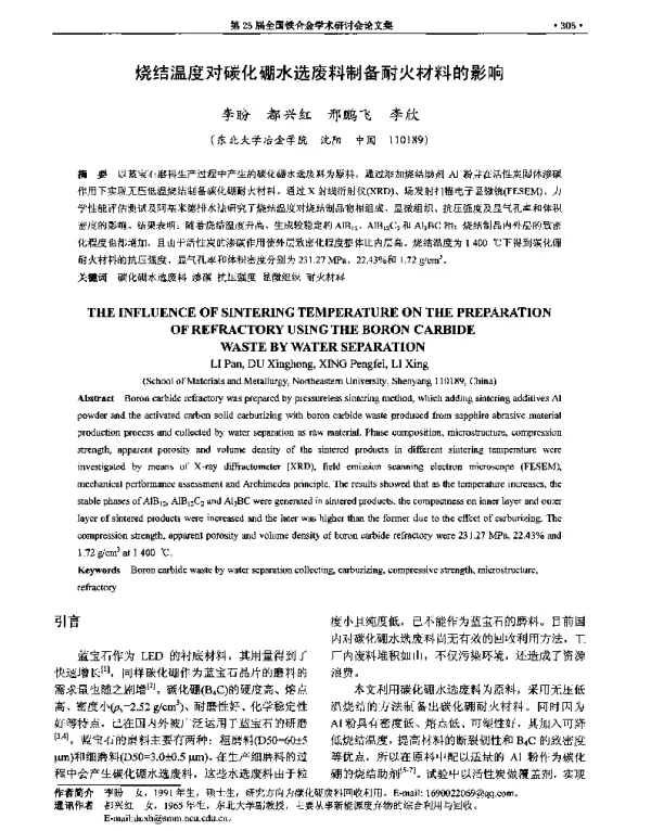 烧结温度对碳化硼水选废料制备耐火材料的影响