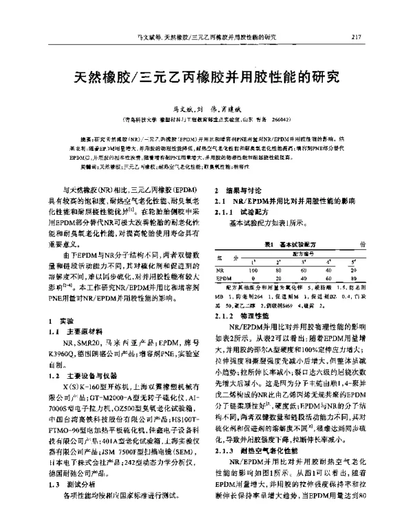天然橡胶三元乙丙橡胶并用胶性能的研究