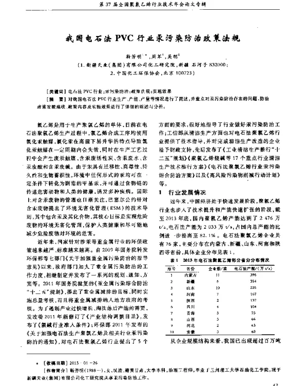 我国电石法PVC行业汞污染防治政策法规