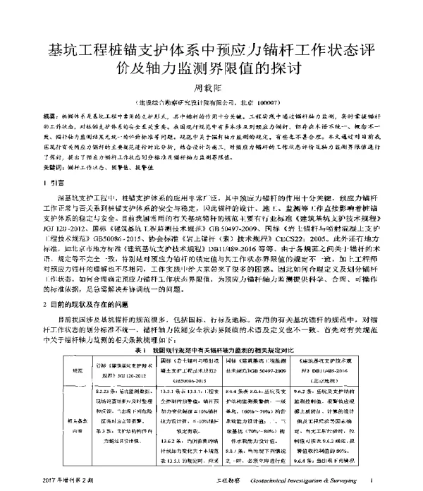 基坑工程桩锚支护体系中预应力锚杆工作状态评价及轴力监测界限值的探讨