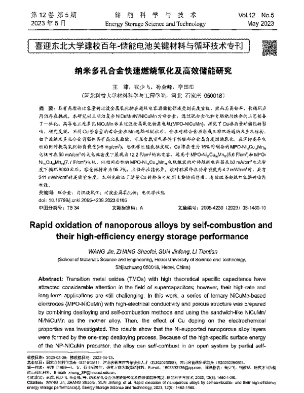 纳米多孔合金快速燃烧氧化及高效储能研究
