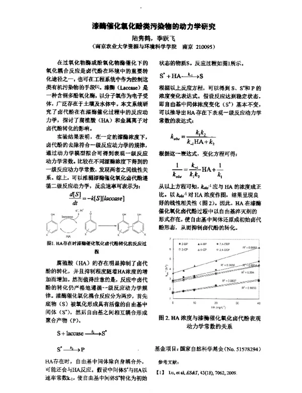 漆酶催化氯化酚类污染物的动力学研究