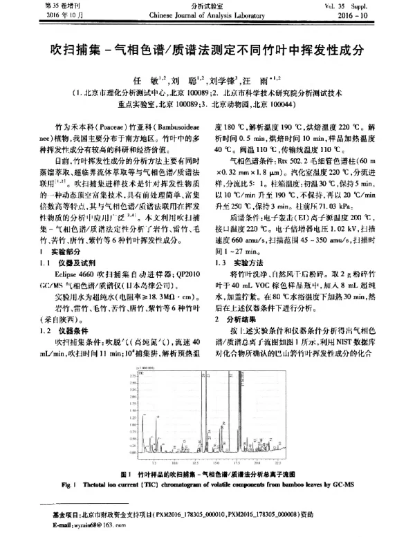 吹扫捕集-气相色谱质谱法测定不同竹叶中挥发性成分