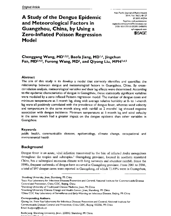 AStudyoftheDengueEpidemicandMeteorologicalFactorsinGuangzhouChinabyUsingaZero-InflatedPoissonRegressionModel