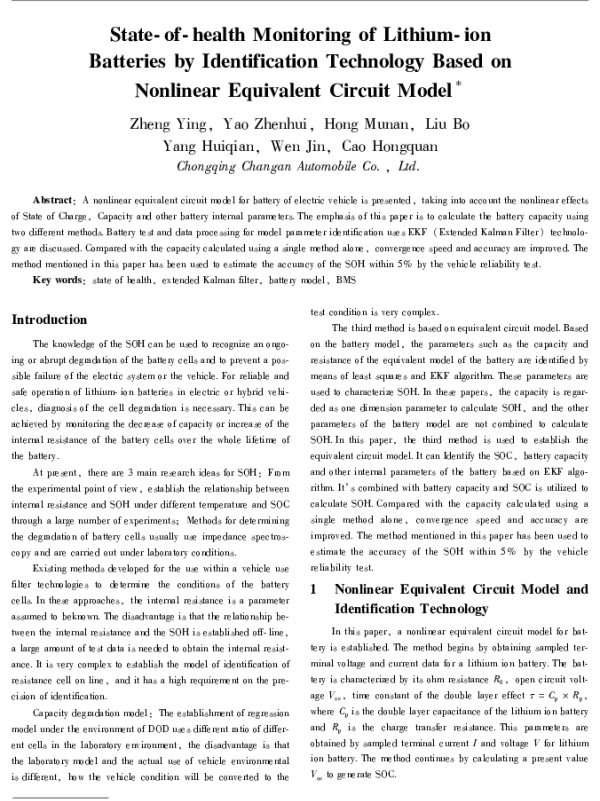 State-of-healthMonitoringofLithium-ionBatteriesbyIdentificationTechnologyBasedonNonlinearEquivalentCircuitModel