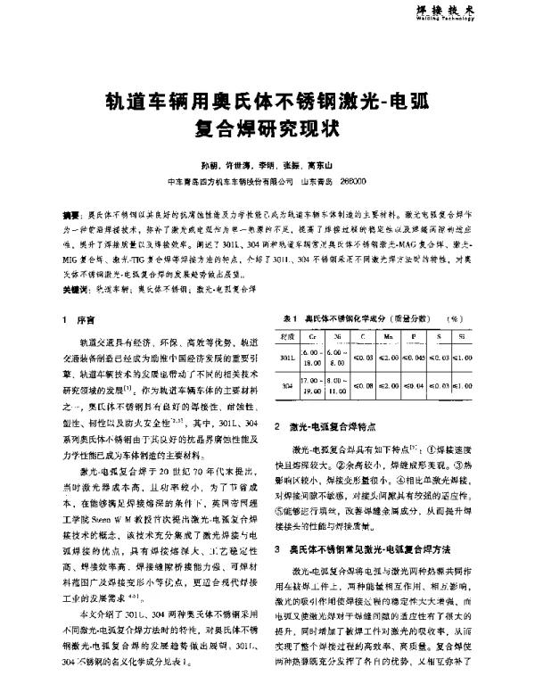 轨道车辆用奥氏体不锈钢激光-电弧复合焊研究现状