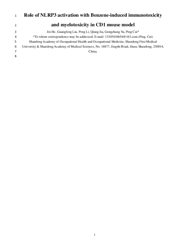 RoleofNLRP3activationwithBenzeneinducedimmunotoxicityandmyelotoxicityinCD1mousemodel