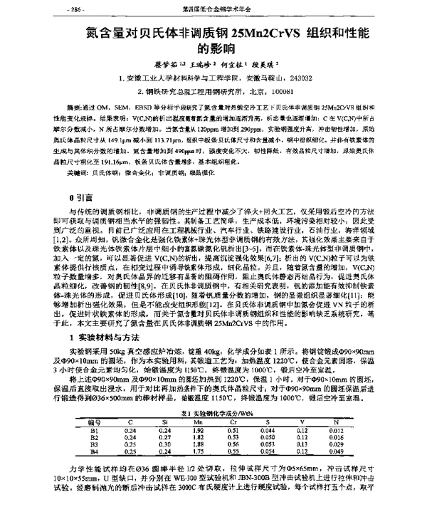 氮含量对贝氏体非调质钢25Mn2CrVS组织和性能的影响