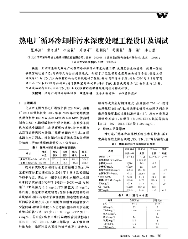 热电厂循环冷却排污水深度处理工程设计及调试