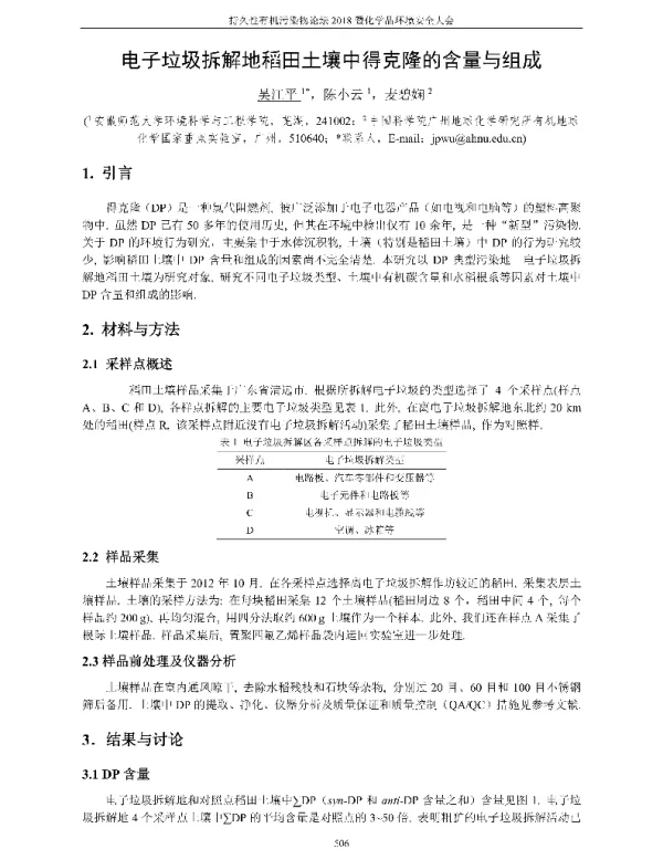 电子垃圾拆解地稻田土壤中得克隆的含量与组成