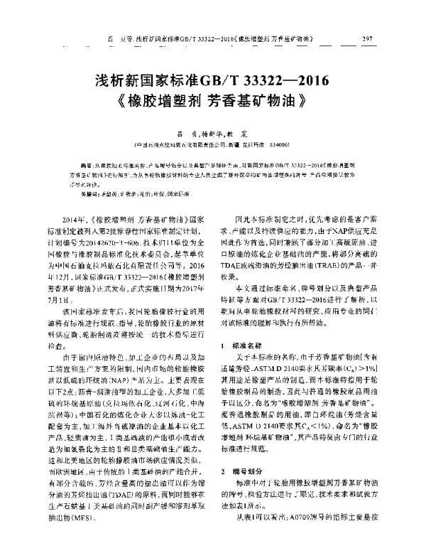 浅析新国家标准GBT33322-2016《橡胶增塑剂芳香基矿物油》