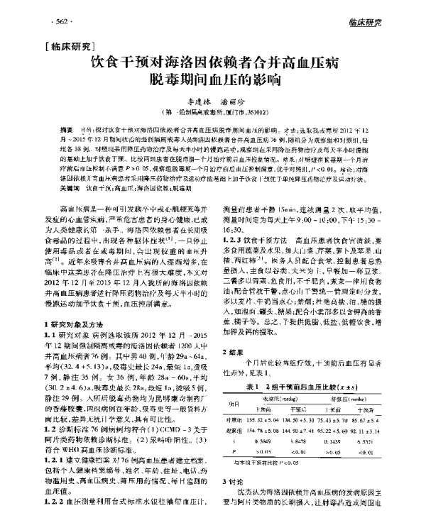 饮食干预对海洛因依赖者合并高血压病脱毒期间血压的影响