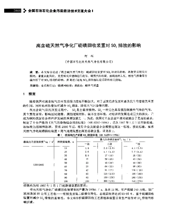 高含硫天然气净化厂硫磺回收装置对SO2排放的影响