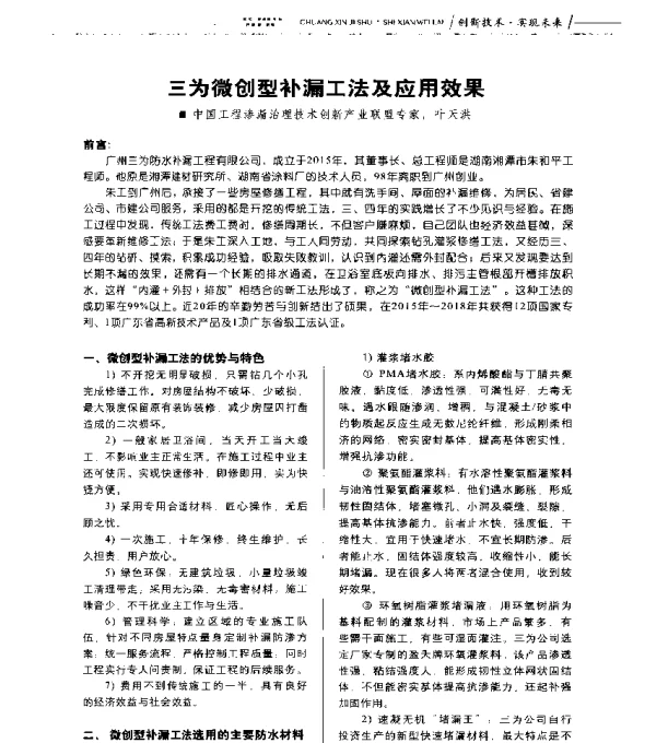 三为微创型补漏工法及应用效果