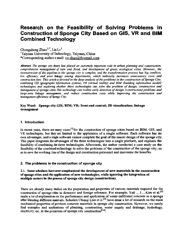ResearchontheFeasibilityofSolvingProblemsinConstructionofSpongeCityBasedonGISVRandBIMCombinedTechnology