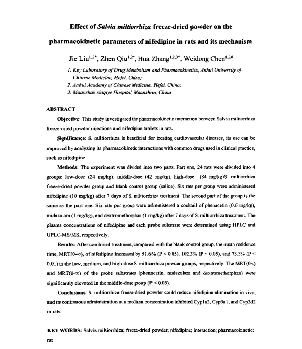 EffectofSalviamiltiorrhizafreeze-driedpowderonthepharmacokineticparametersofnifedipineinratsanditsmechanism