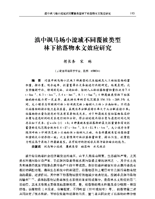 滇中飒马场小流域不同覆被类型林下枯落物水文效应研究