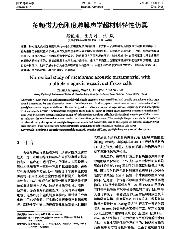 多频磁力负刚度薄膜声学超材料特性仿真