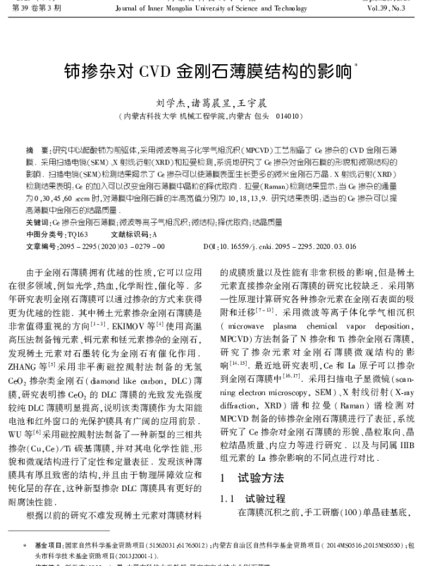 铈掺杂对CVD金刚石薄膜结构的影响