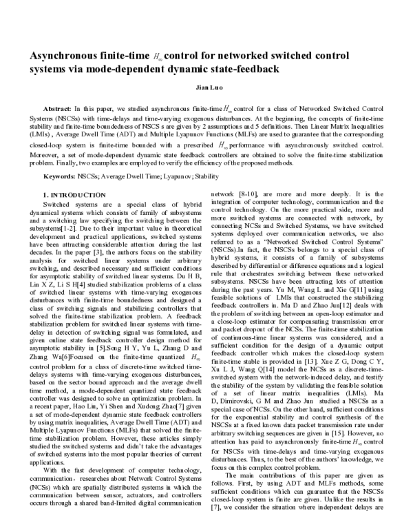 Asynchronousfinite-timeH∞controlfornetworkedswitchedcontrolsystemsviamode-dependentdynamicstate-feedback