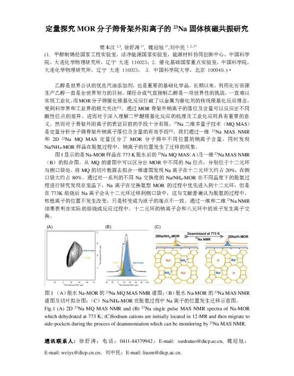 定量探究MOR分子筛骨架外阳离子的23Na固体核磁共振研究