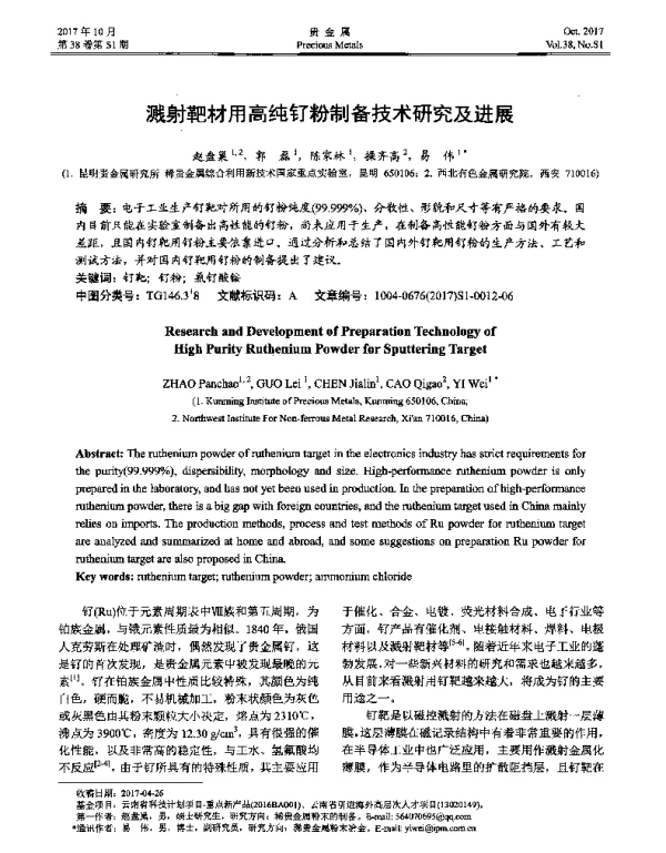 溅射靶材用高纯钌粉制备技术研究及进展