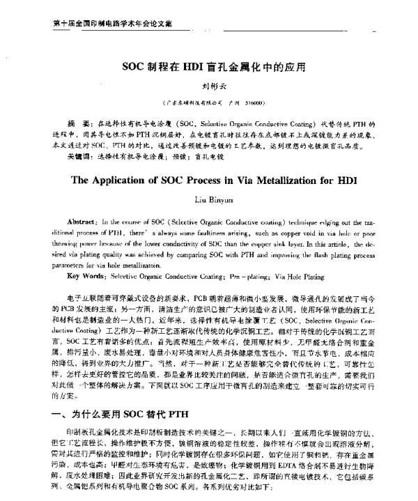 SOC制程在HDI盲孔金属化中的应用