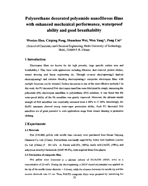 Polyurethanedecoratedpolyamidenanofibrousfilmswithenhancedmechanicalperformancewaterproofabilityandgoodbreathability