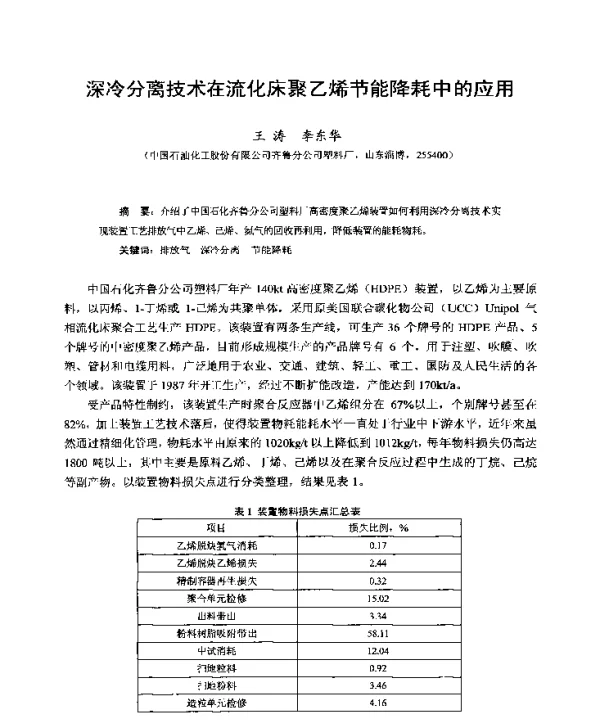深冷分离技术在流化床聚乙烯节能降耗中的应用