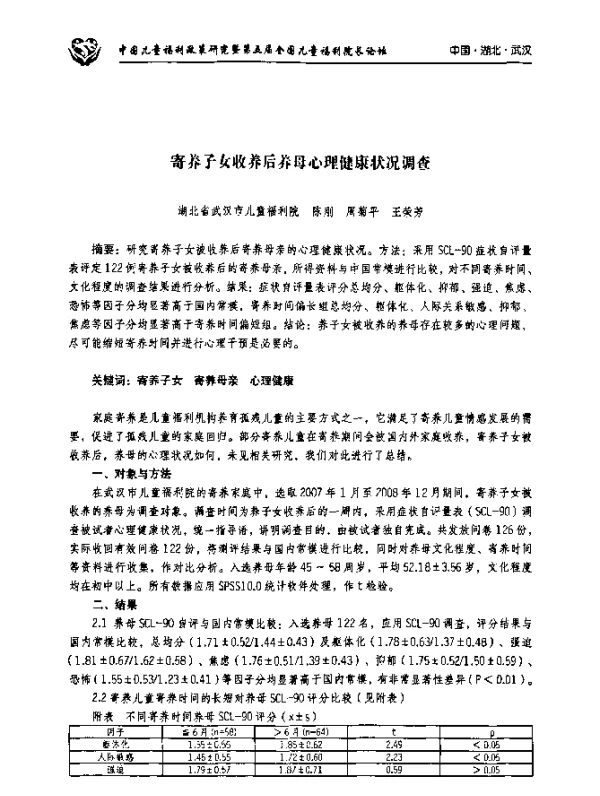 寄养子女收养后养母心理健康状况调查