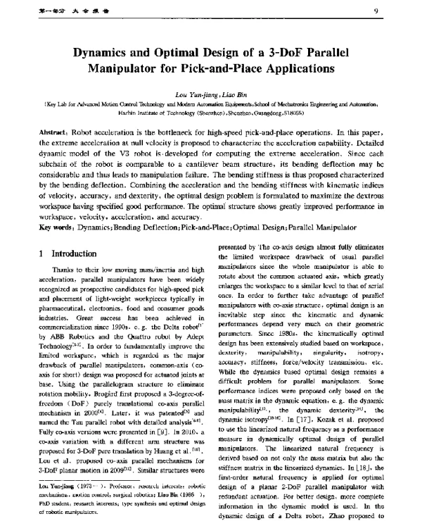 DynamicsandOptimalDesignofa3-DoFParallelManipulatorforPick-and-PlaceApplications