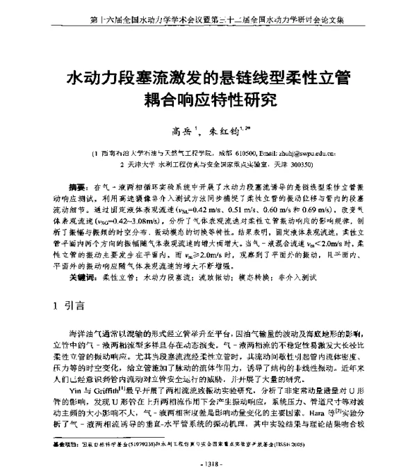水动力段塞流激发的悬链线型柔性立管耦合响应特性研究