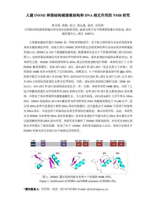 人源INSM1锌指结构域溶液结构和DNA相互作用的NMR研究
