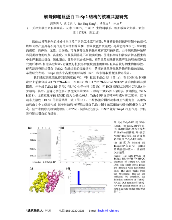 蜘蛛卵鞘丝蛋白TuSp2结构的核磁共振研究