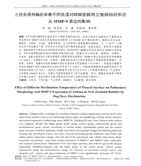 三伏灸诱导胸腔体表不同灸温对哮喘型新西兰兔肺组织形态及MMP-9表达的影响