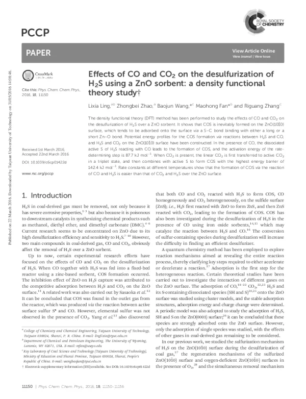 EffectsofCOandCO2onthedesulfurizationofH2SusingaZnOsorbentadensityfunctionaltheorystudy