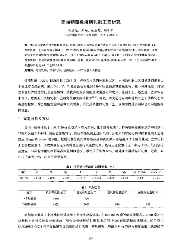 高强韧船板用钢轧制工艺研究