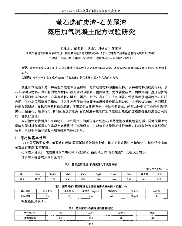 萤石选矿废渣-石英尾渣蒸压加气混凝土配方试验研究