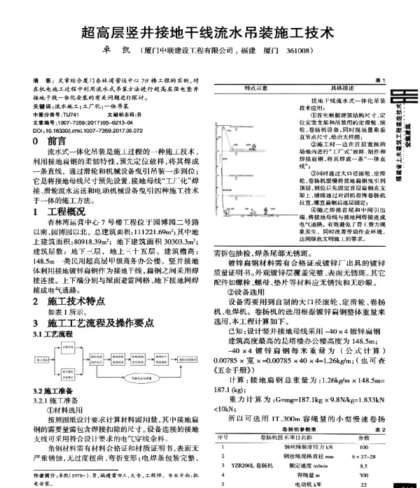 超高层竖井接地干线流水吊装施工技术