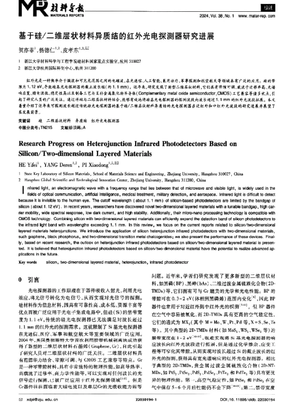 基于硅二维层状材料异质结的红外光电探测器研究进展