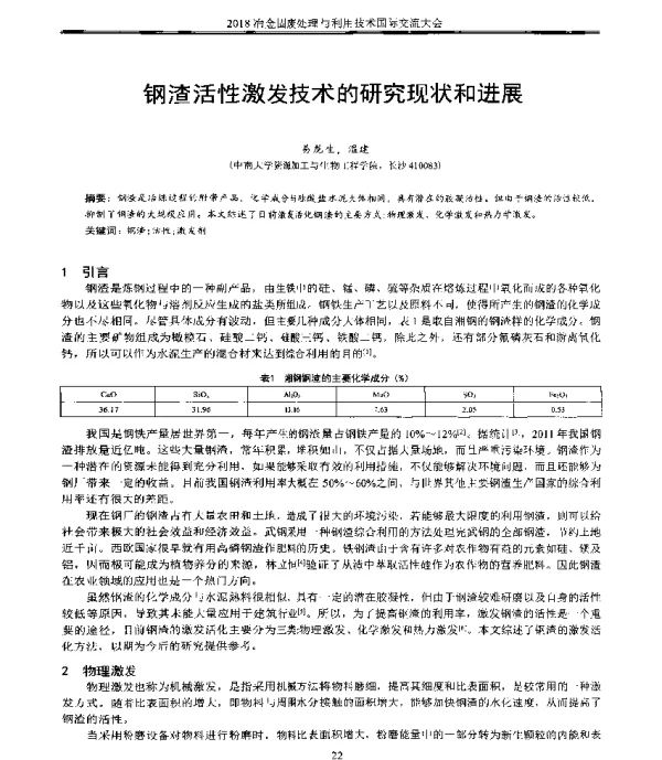 钢渣活性激发技术的研究现状和进展