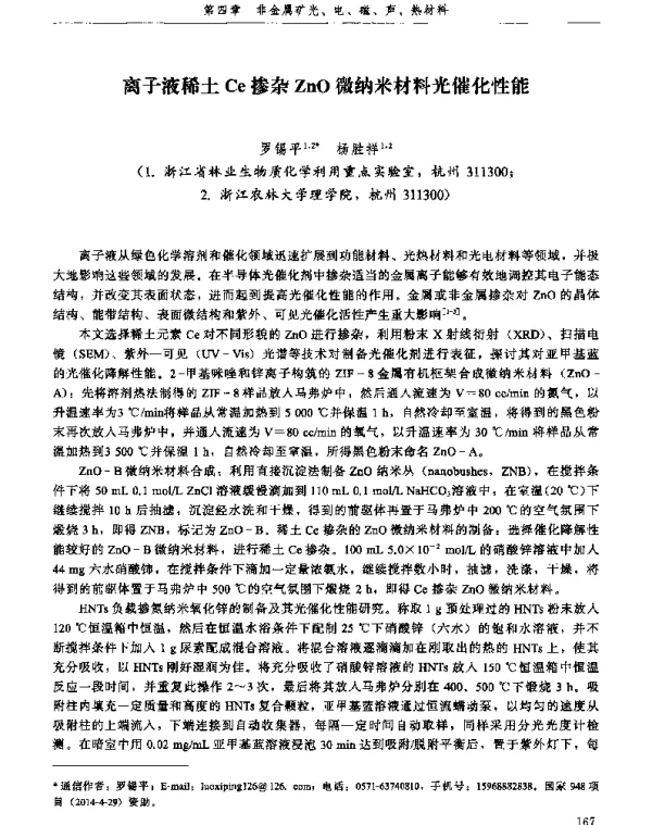 离子液稀土Ce掺杂ZnO微纳米材料光催化性能