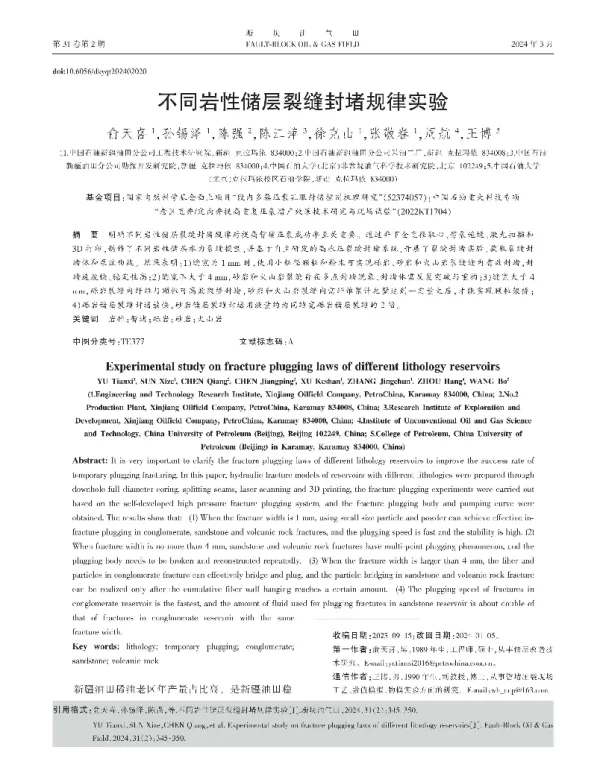 不同岩性储层裂缝封堵规律实验