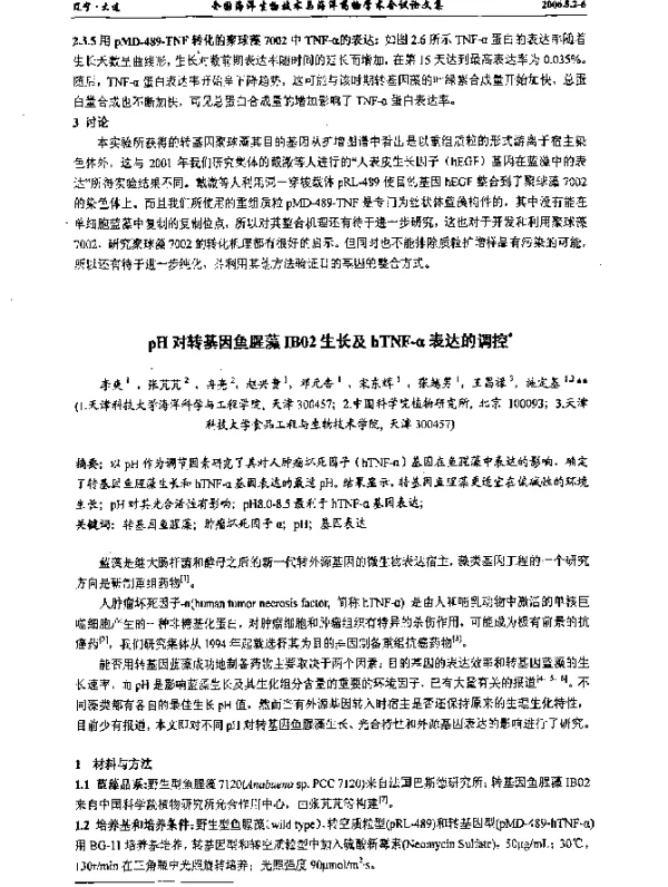 pH对转基因鱼腥藻IB02生长及hTNF-α表达的调控