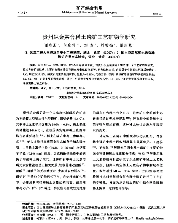 贵州织金某含稀土磷矿工艺矿物学研究