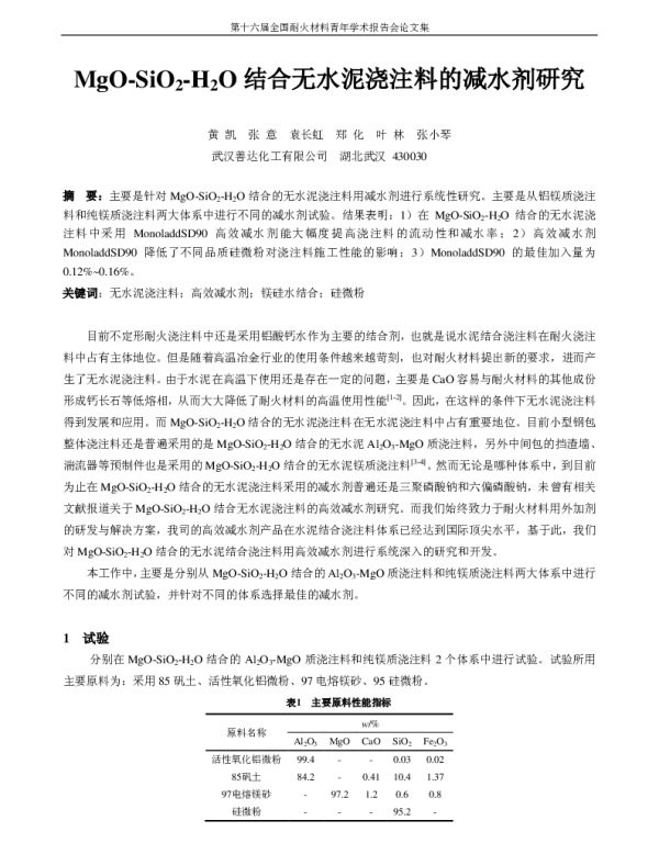 MgO-SiO2-H2O结合无水泥浇注料的减水剂研究