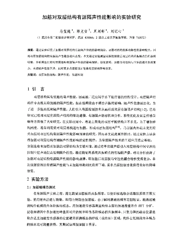 加筋对双层结构有源隔声性能影响的实验研究